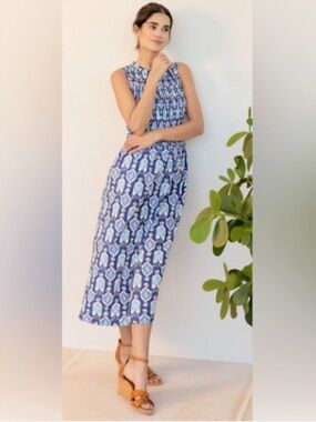 💙J. McLaughlin Ciri  Sleeveless Blue Aztec Geometric Print Smoked Maxi Dress L